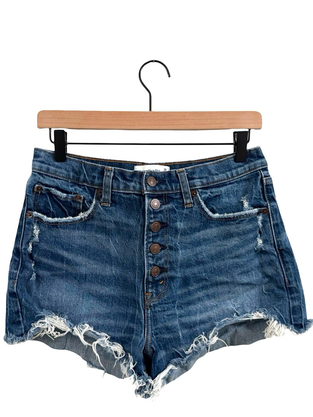 Abercrombie & Fitch High-Rise Distressed Denim Shorts - Blue - Picture 2 of 8